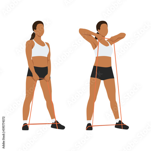 Woman doing Upright Row Home Workout Exercise with Thin Resistance Band. Flat vector