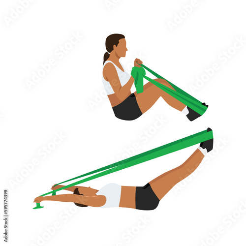 Woman doing Double leg stretch with resistance band exercise. Flat vector
