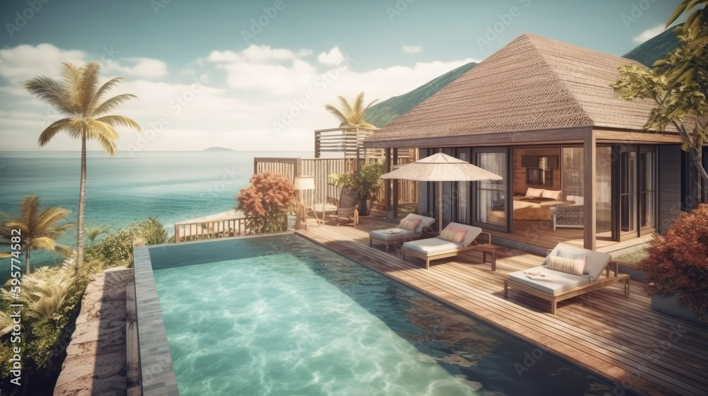 Fototapeta premium illustration of pool and villa resort or beach house. sun loungers on Sunbathing deck and private swimming pool with sea view at luxury villa resort