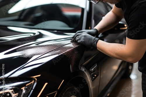 A person polishing a car with a polishing machine super detailed
