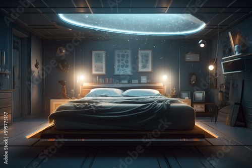 A 3D illustration of a hovering zero-gravity bed in a bedroom. Generative AI