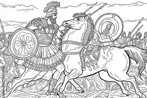 Medieval battle scene with cavalry and infantry. Black and white vector illustration.coloring Book page.Generative AI