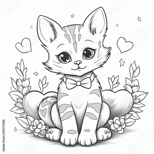 Cartoon cute and cheerful kitten sits and holds a heart, coloring book page, generative AI