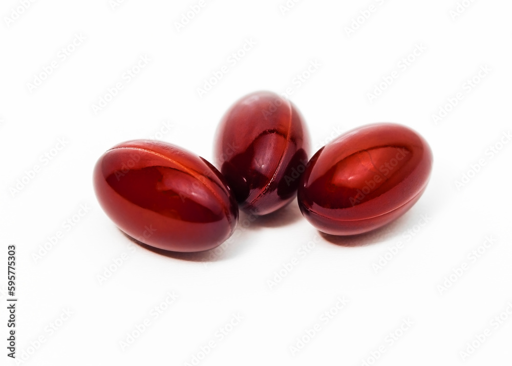 Three medicine gel capsules on white background, sedative pills group Three medicine gel capsules on white background, sedative pills group