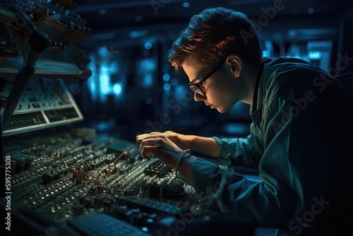 Technician working on a complex array of electronic components. Generative AI