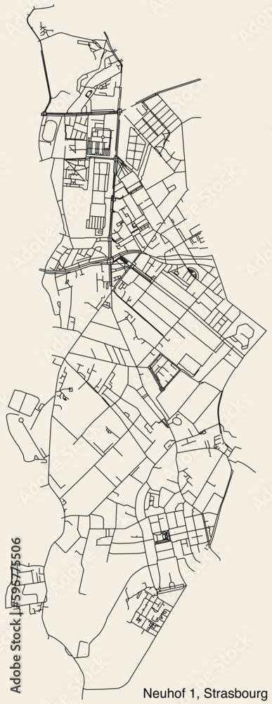 Detailed hand-drawn navigational urban street roads map of the NEUHOF 1 DISTRICT of the French city of STRASBOURG, France with vivid road lines and name tag on solid background