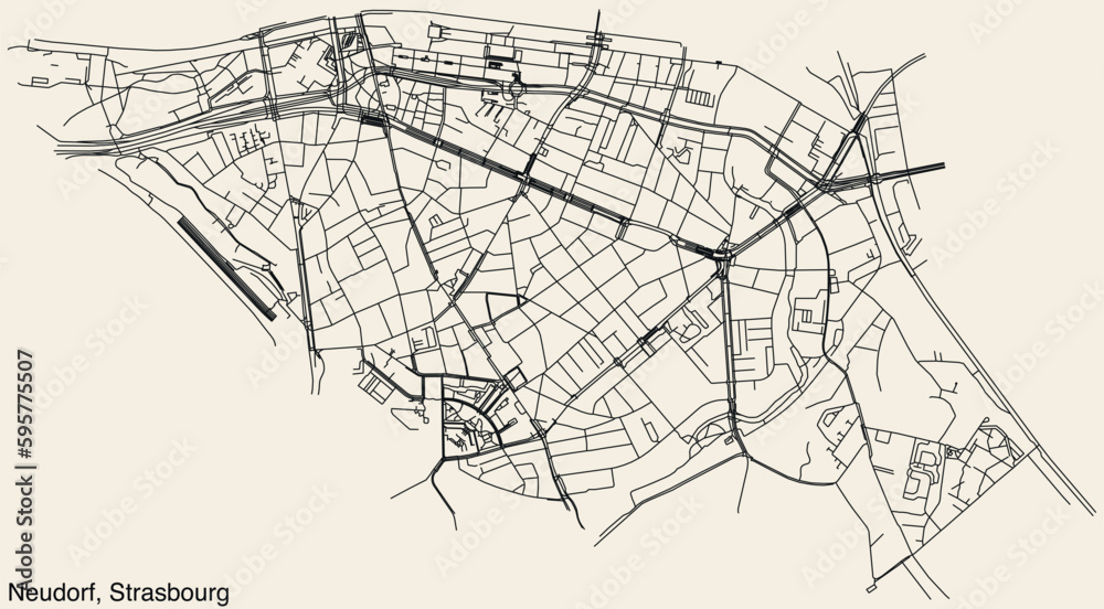 Detailed hand-drawn navigational urban street roads map of the NEUDORF DISTRICT of the French city of STRASBOURG, France with vivid road lines and name tag on solid background