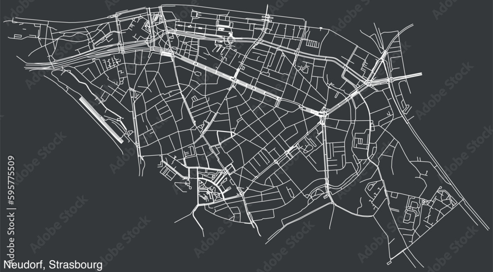 Detailed hand-drawn navigational urban street roads map of the NEUDORF DISTRICT of the French city of STRASBOURG, France with vivid road lines and name tag on solid background
