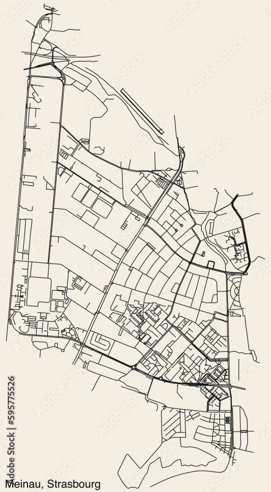 Detailed hand-drawn navigational urban street roads map of the MEINAU DISTRICT of the French city of STRASBOURG, France with vivid road lines and name tag on solid background
