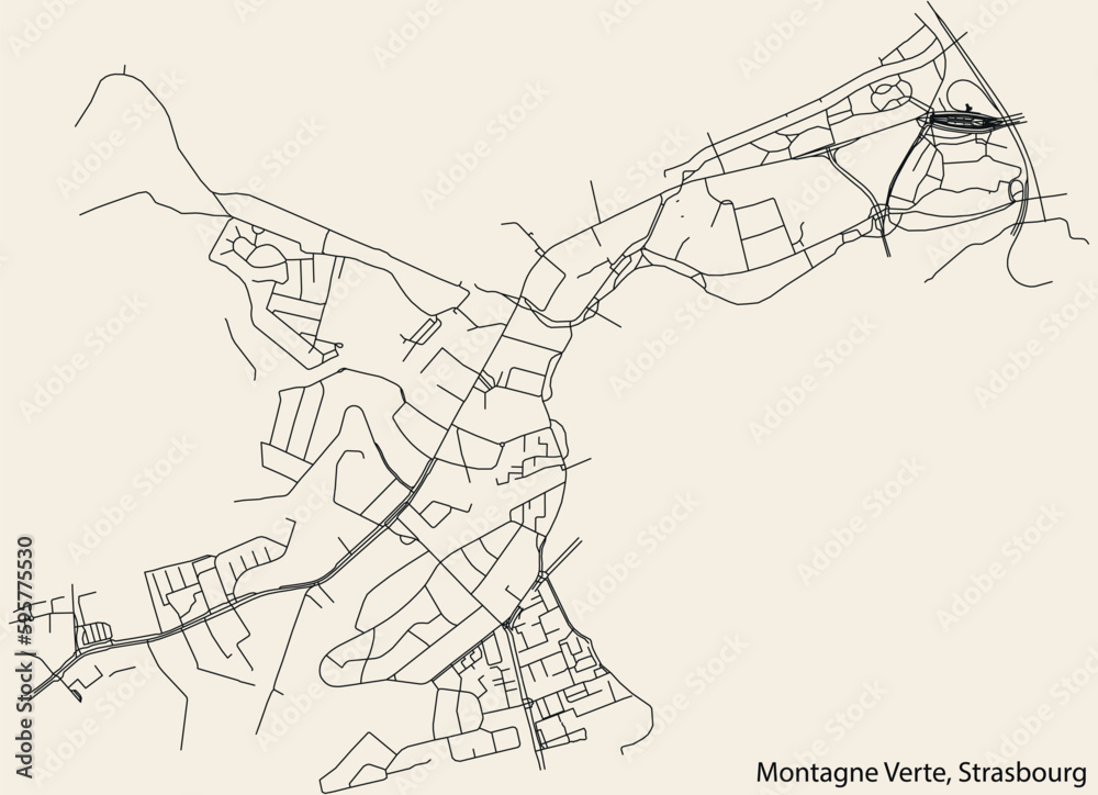 Detailed hand-drawn navigational urban street roads map of the MONTAGNE VERTE DISTRICT of the French city of STRASBOURG, France with vivid road lines and name tag on solid background