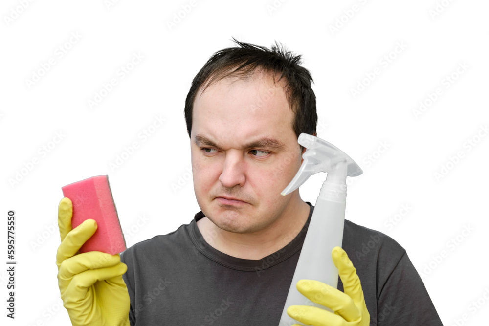 Doubting man cleaner in yellow gloves , portrait on studio isolated on a white background Doubting man cleaner in yellow gloves , portrait on studio isolated on a white background