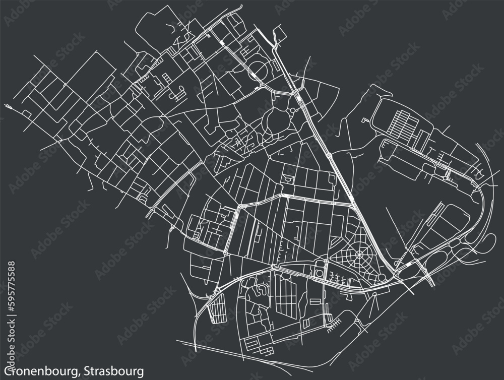 Detailed hand-drawn navigational urban street roads map of the CRONENBOURG DISTRICT of the French city of STRASBOURG, France with vivid road lines and name tag on solid background