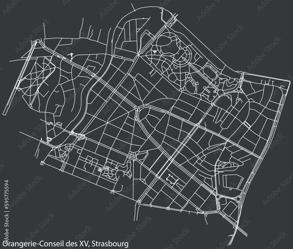 Detailed hand-drawn navigational urban street roads map of the ORANGERIE-CONSEIL DES XV DISTRICT of the French city of STRASBOURG, France with vivid road lines and name tag on solid background