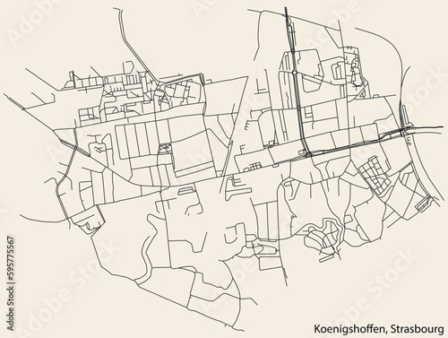 Detailed hand-drawn navigational urban street roads map of the KOENIGSHOFFEN DISTRICT of the French city of STRASBOURG, France with vivid road lines and name tag on solid background