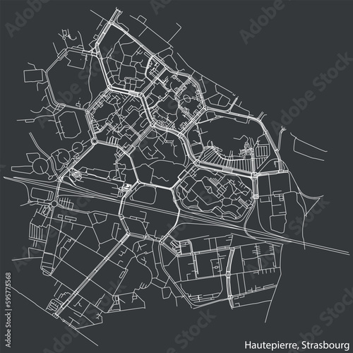 Detailed hand-drawn navigational urban street roads map of the HAUTEPIERRE DISTRICT of the French city of STRASBOURG, France with vivid road lines and name tag on solid background