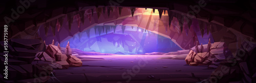 Foto Cartoon cave interior illuminated with sunlight from ceiling