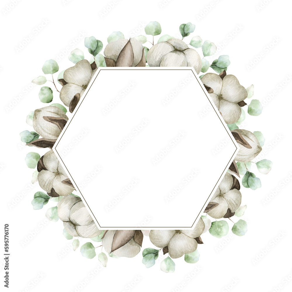Cotton flowers, green leaf and branches eucalyptus. A round frame of ...