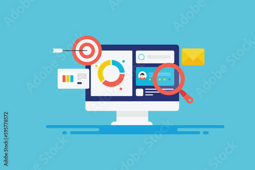 Digital marketing analytics report and social media data insights on computer screen, customer targeting and email concept, vector illustration, web banner.