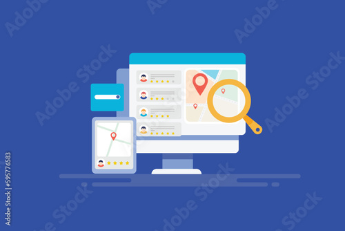 Local business listing map location and customer review rating feedback on computer and smartphone screen, vector illustration web banner.