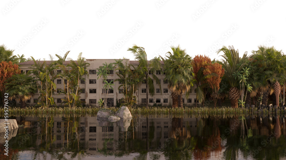 house in the jungle on the river bank on a transparent background, 3D illustration, cg render
