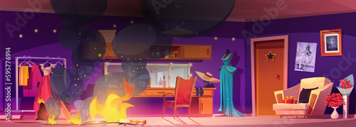 Fire in actor makeup room with smoke cloud cartoon backstage illustration. Theater dressing interior background with flame in wardrobe. Danger disaster concept with vanity superstar artist cloakroom