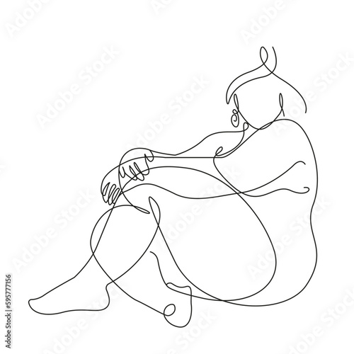 Curvy Woman Body Line Art Drawing. Fat Female Figure Black Lines Drawing Minimalist Style. Body Positive Woman Figure Continuous One Line Abstract Drawing. Vector Illustration