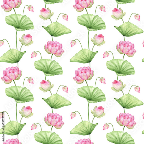 Pink lotus flowers and leaves. Watercolor seamless pattern on white background. Chinese water lily. For fabrics  packaging paper  scrapbooking  wallpaper and other items.