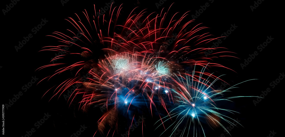 Fototapeta premium Red, white, and blue fireworks light up the night sky, patriotic celebration, New Years Eve or Independence Day. Shallow depth of field, Illustrative Generative AI