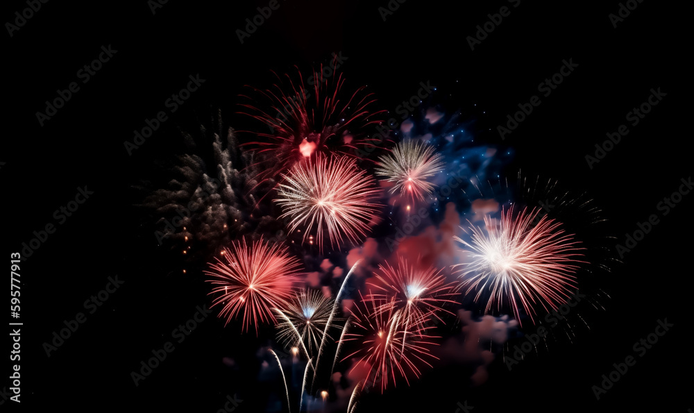 Red, white, and blue fireworks light up the night sky, patriotic celebration, New Years Eve or Independence Day. Shallow depth of field, Illustrative Generative AI