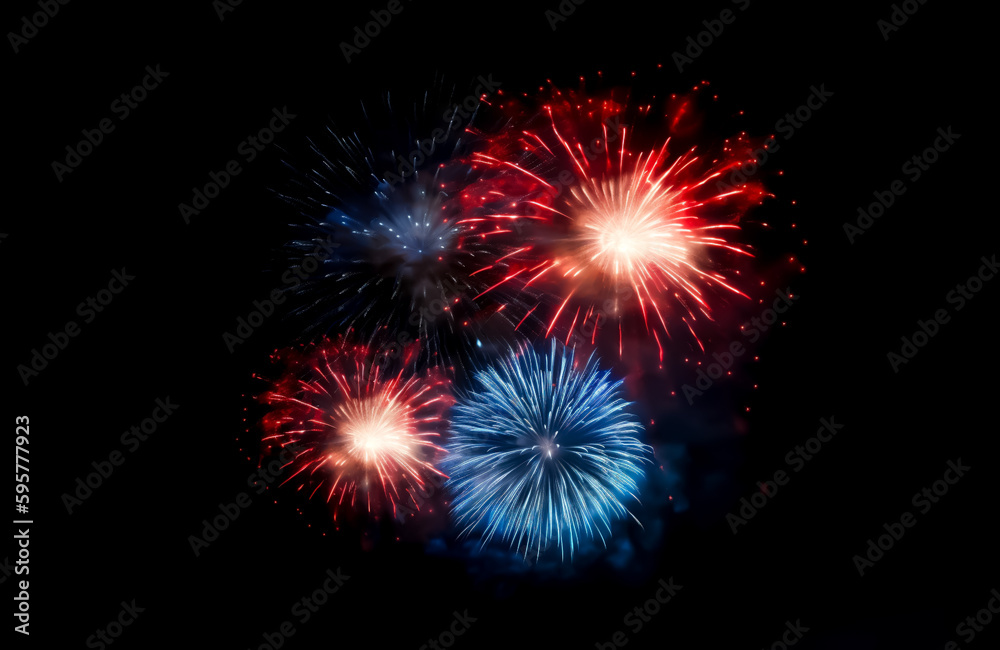 Red, white, and blue fireworks light up the night sky, patriotic celebration, New Years Eve or Independence Day. Shallow depth of field, Illustrative Generative AI