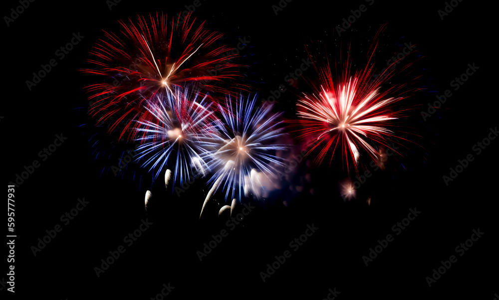 Red, white, and blue fireworks light up the night sky, patriotic celebration, New Years Eve or Independence Day. Shallow depth of field, Illustrative Generative AI Red, white, and blue fireworks light up the night sky, patriotic celebration, New Years Eve or Independence Day. Shallow depth of field, Illustrative Generative AI