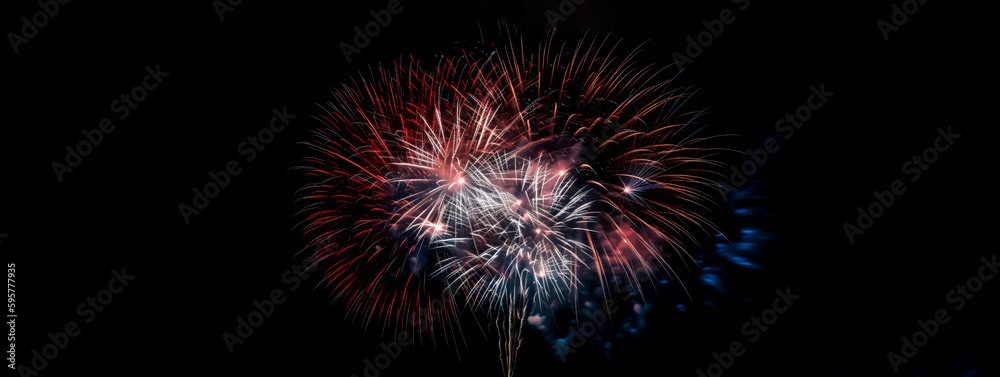 Red, white, and blue fireworks light up the night sky, patriotic celebration, New Years Eve or Independence Day. Shallow depth of field, Illustrative Generative AI Red, white, and blue fireworks light up the night sky, patriotic celebration, New Years Eve or Independence Day. Shallow depth of field, Illustrative Generative AI