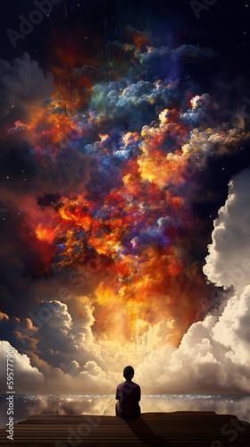 Day dreaming. The subconscious projected in the cosmos as a nebula of colorful clouds. Generative AI