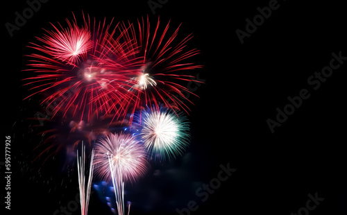 Red  white  and blue fireworks light up the night sky  patriotic celebration  New Years Eve or Independence Day. Shallow depth of field  Illustrative Generative AI
