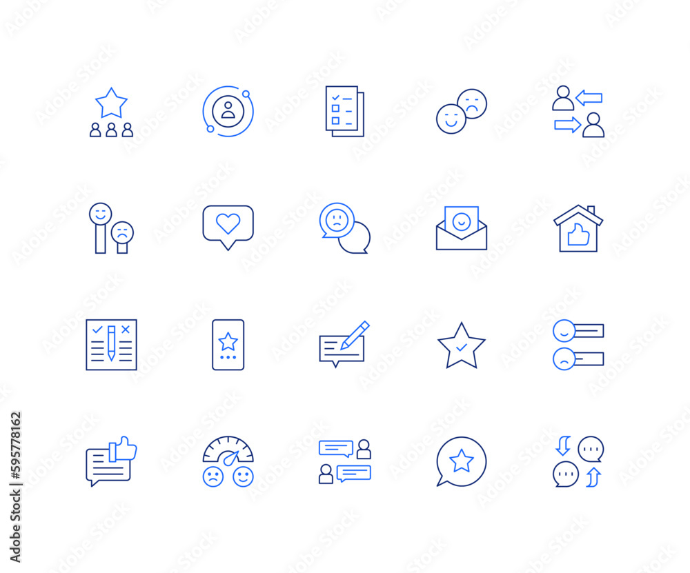 Feedback up icon set. Editable stroke. Thin line icon. Duotone color. star, feedback, file, shift, review, like, bad review, property, meter, user, chat.