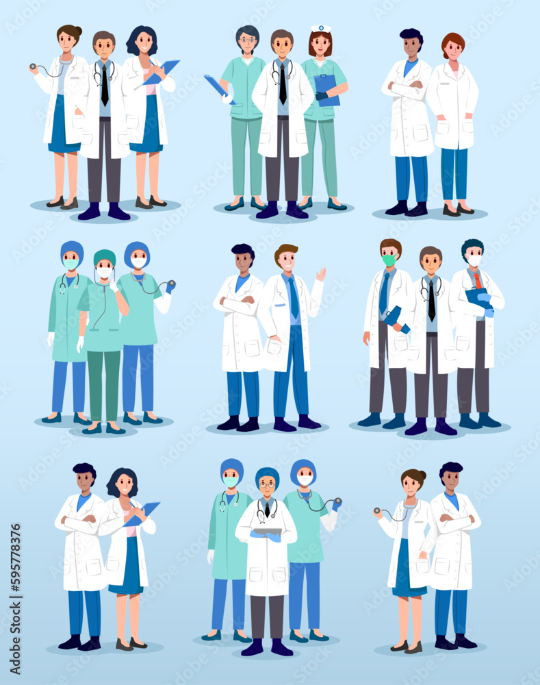 Set of medical team . Physician and nurse cartoon characters . Flat design . Vector . Set of medical team . Physician and nurse cartoon characters . Flat design . Vector .