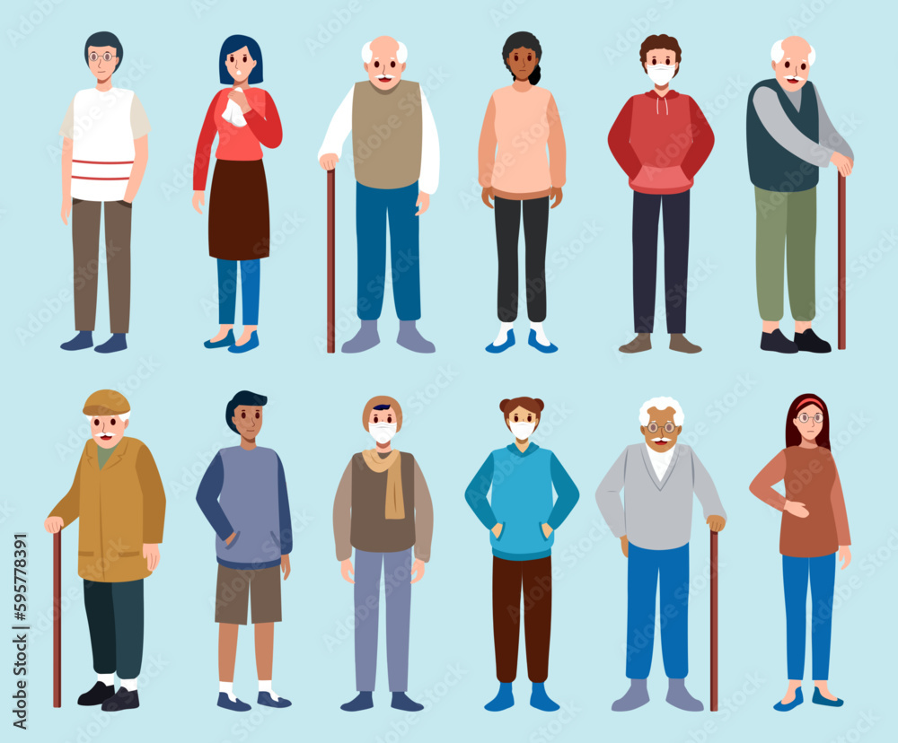 Set of patients . Sick man woman and old people cartoon character . Medical concept . Flat design . Vector .