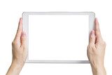 Hand hold tablet isolated on transparent background. Png realistic design element.