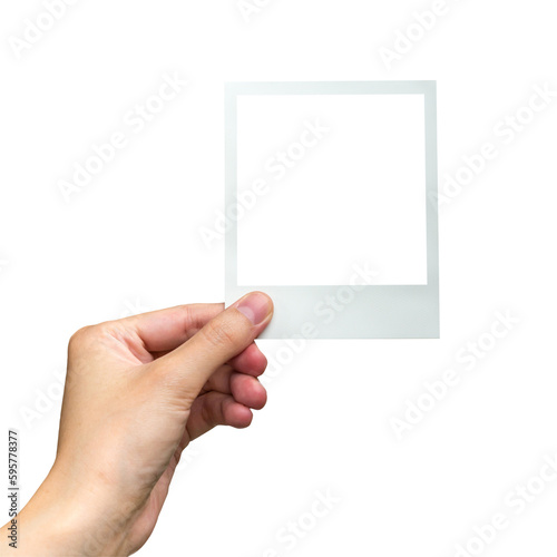 Hand and photo frame isolated on transparent background. Png realistic design element.