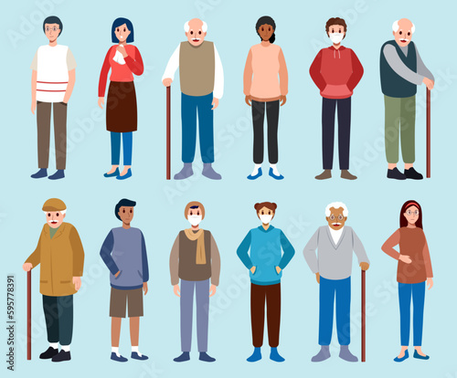 Set of patients . Sick man woman and old people cartoon character . Medical concept . Flat design . Vector .