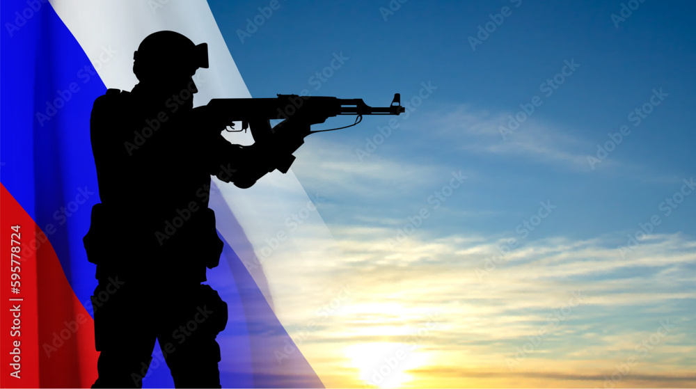 Silhouette of a soldier on background of sunset sky with the Russian flag. EPS10 vector Silhouette of a soldier on background of sunset sky with the Russian flag. EPS10 vector