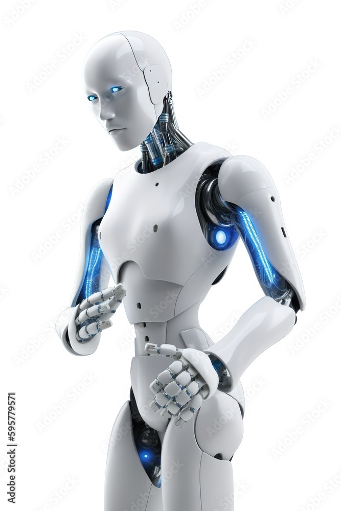Humanoid robot stands against a stark white background Generative AI Humanoid robot stands against a stark white background Generative AI