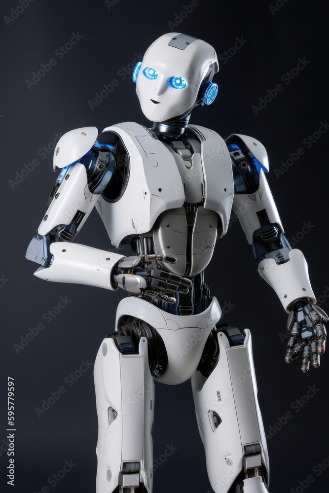 Humanoid robot stands against a stark white background Generative AI