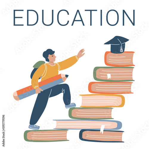 A student with a large pencil climbs through textbooks to knowledge. Education. Vector illustration in flat style