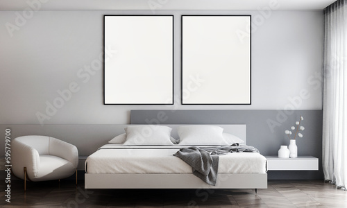 The minimal bedroom interior design and empty wall texture background and canvas frame
