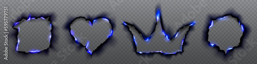 Blue burn hole frame with crown and heart shape. Circle and square flame set with black ash isolated on transparent background. Love fiery vector border template with realistic burning edge effect.