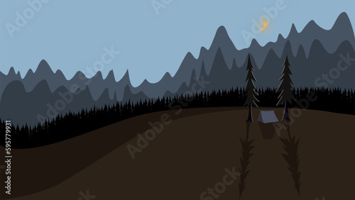 Night camping. Fire in the forest. Hiking in the forest with an overnight stay. Banner