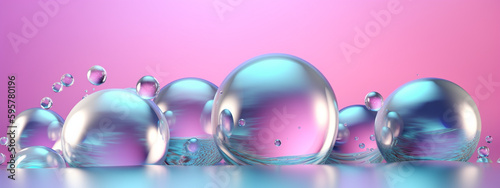 3d render, abstract pastel pink-blue background with iridescent magical air bubbles, wallpaper with glass balls or water drops, ai generated