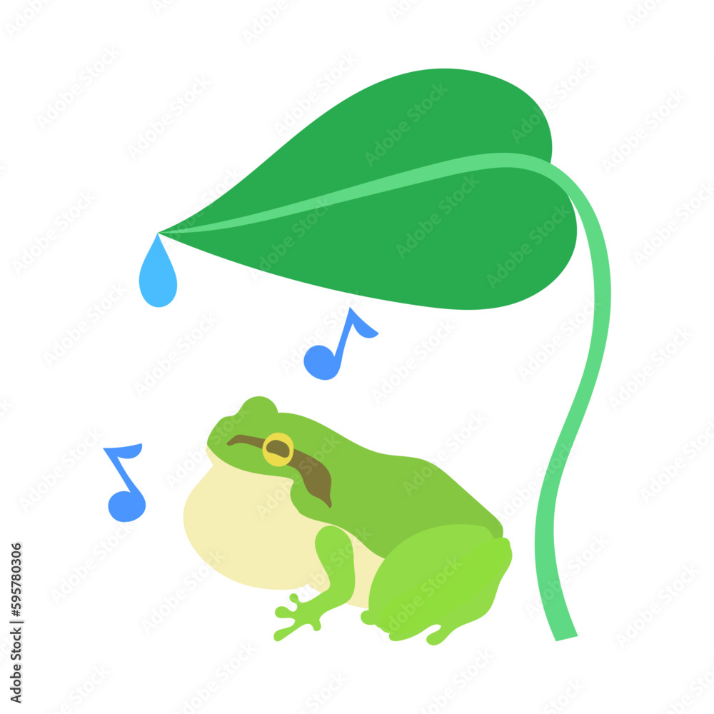 Obraz premium 葉っぱの下で楽しげに鳴くアマガエル。フラットなベクターイラスト。 A cheerful tree frog singing under the leaf. Flat designed vector illustration.