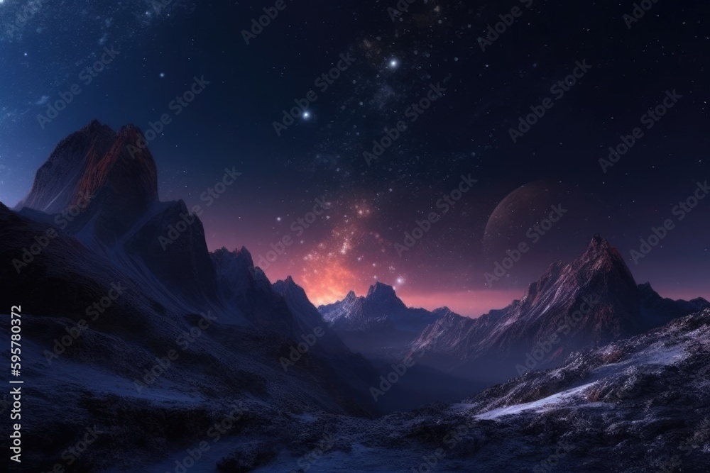 Winter scene with a majestic mountain peak, a star-filled sky, nebula and comet. Generative AI Winter scene with a majestic mountain peak, a star-filled sky, nebula and comet. Generative AI